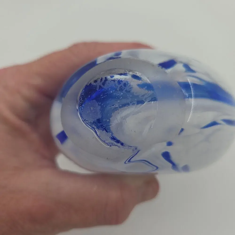 Ron Hinkle Signed Art Glass Bud Vase Blue White Swirl Hand Blown Studio Paperwei
